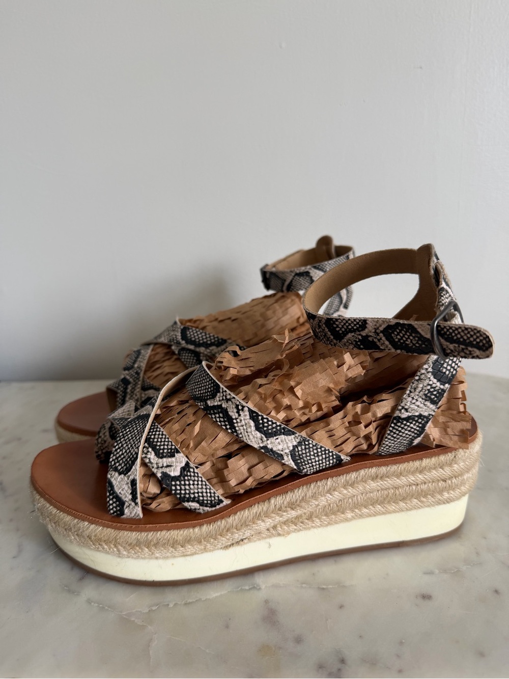 Lucky Brand Snake-Print Woven Platform Sandals in Black & Tan Size 7.5